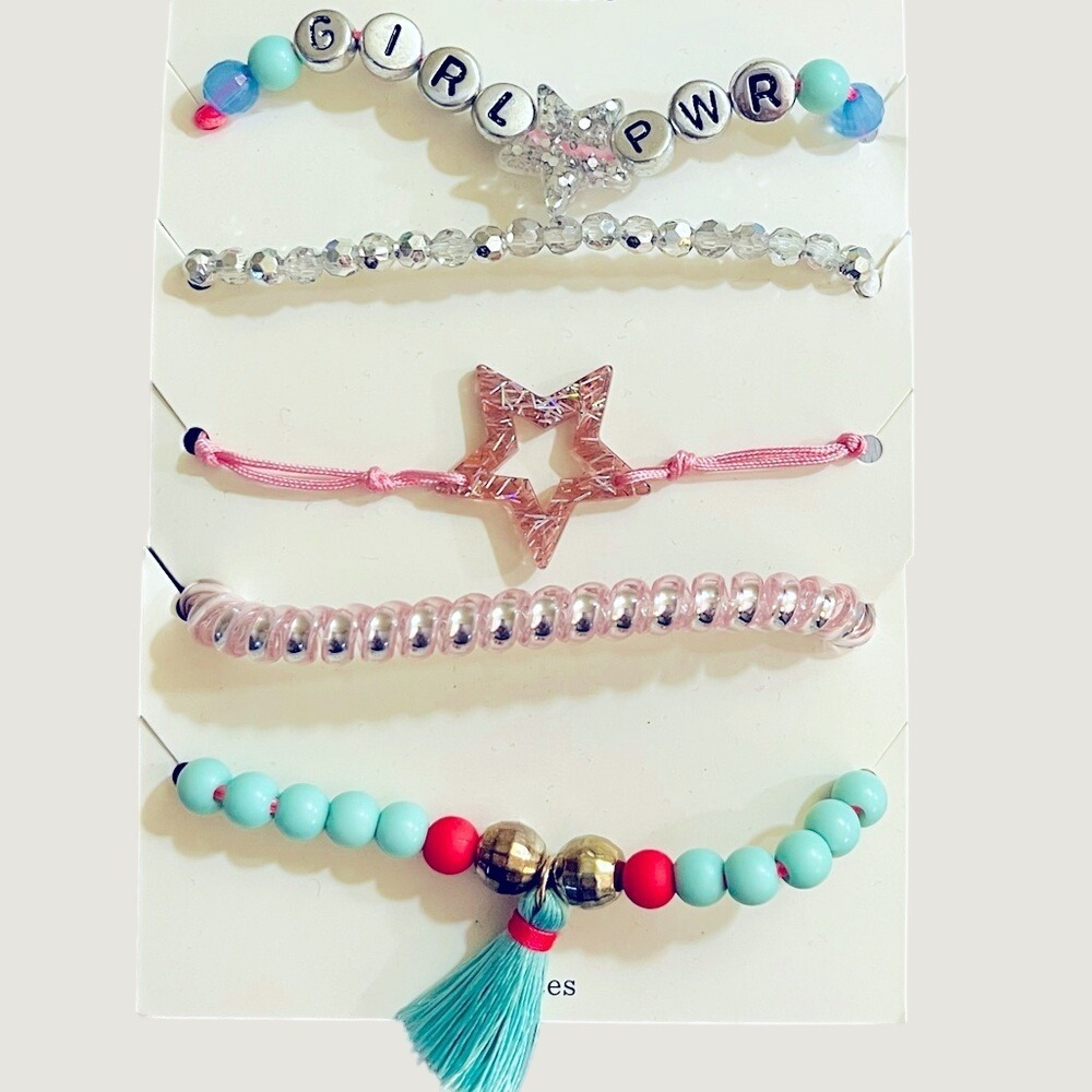 Cat & Jack Girls 5pc Bracelet Set Girl Power Star Tassel Pink Teal MULTI NWT